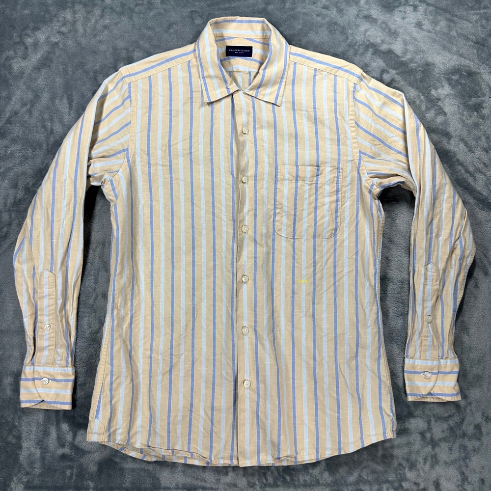 Proper Cloth Mens Khaki Blue Striped Cotton Linen Button Down Shirt AMK Monogram